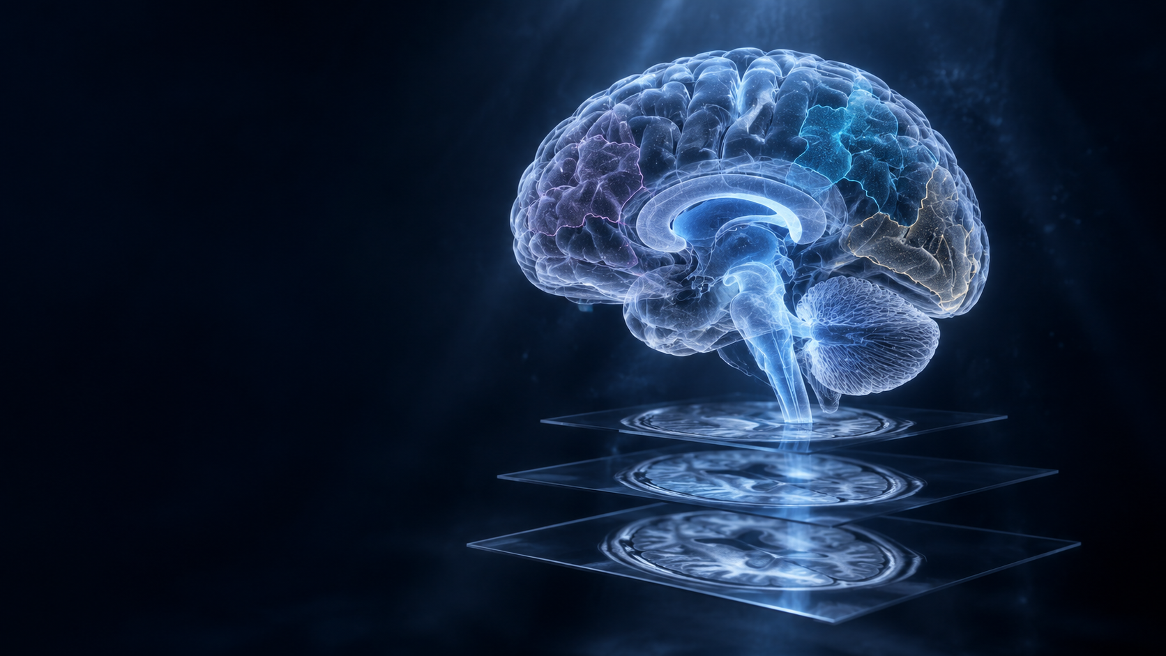 Conceptual translucent brain above layered MRI-like slices