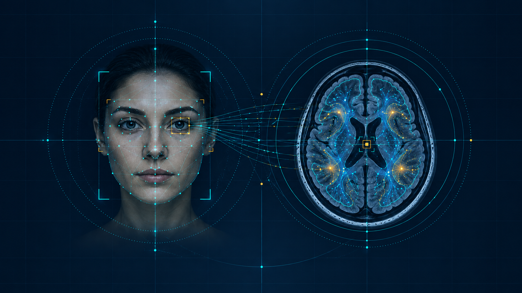 Wide conceptual illustration of a complete face and brain MRI linked by visual analysis connections
